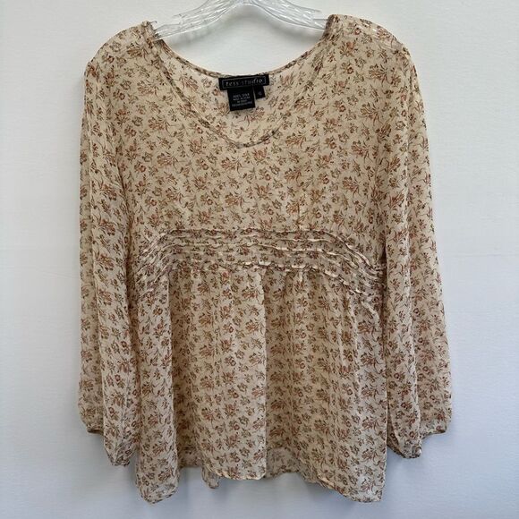 Tess Studio 100% Silk Tan Floral Sheer Long Sleeve Sheer Boho Blouse Size S/M - Picture 6 of 14